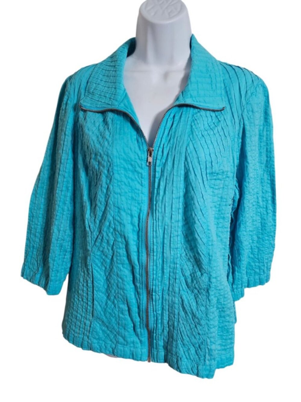 Chico's Women Size 2 Top Jacket Turquoise Cotton Pleated Full Zip Archive Luxury - Picture 2 of 6